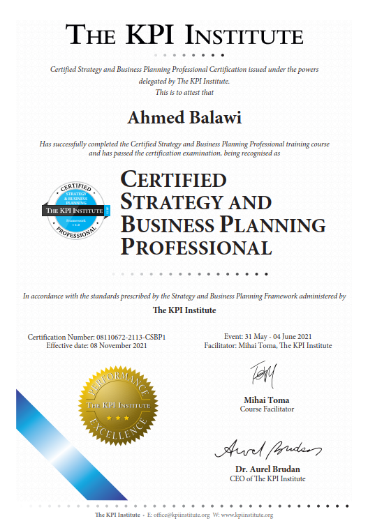 KPI Institute Certified Certificate